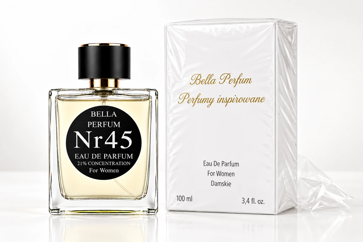 Ilustracja pakowania: Bella Perfum Nr45 i biały kartonik w folii